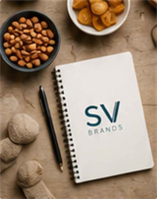 Cuaderno con el logo de SV Brands junto a frutos secos sobre una mesa de madera