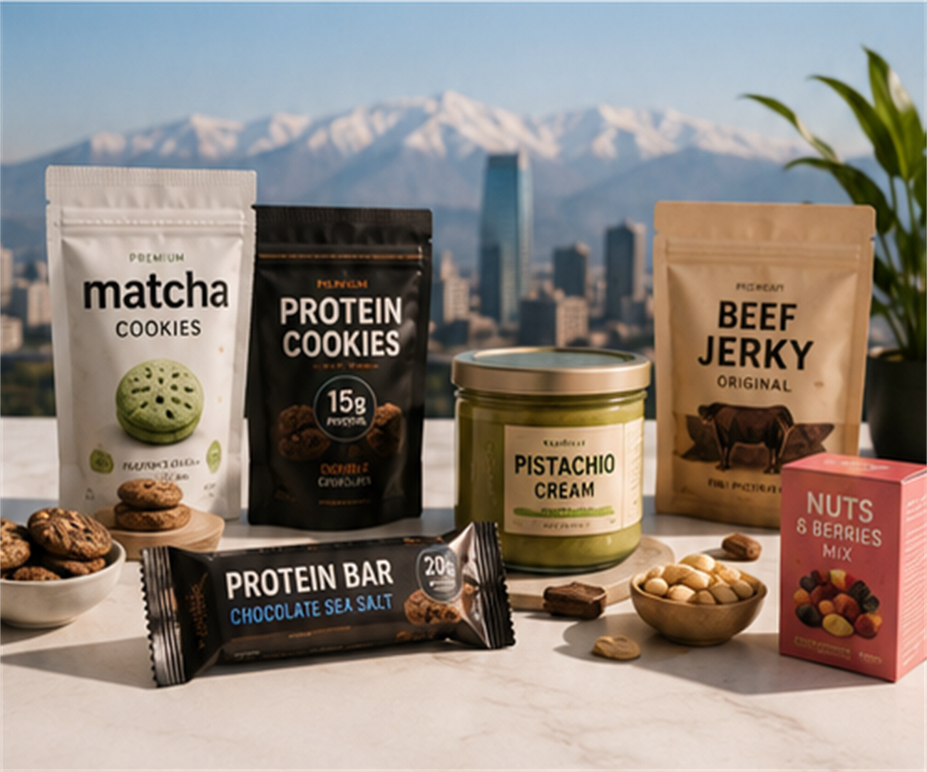 Productos alimenticios premium con la cordillera de los Andes y Santiago de fondo